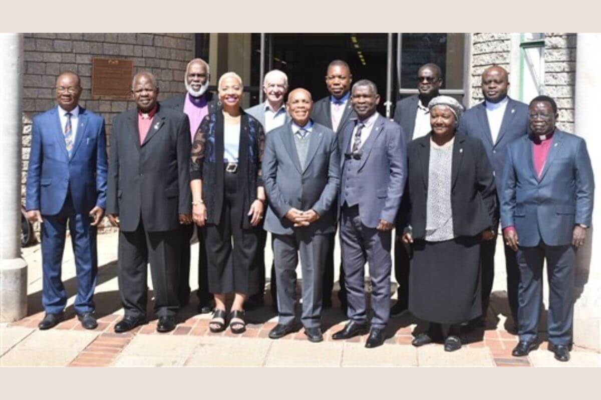 The United Methodist Church bishops who are serving in Africa gathered during their annual meeting at Africa University in Mutare, Zimbabwe. Also in the picture is COB President Bishop Tracy S. Malone and Bishop Patrick Streiff who were guests at the meeting. (Image courtesy of the Council of Bishops.)