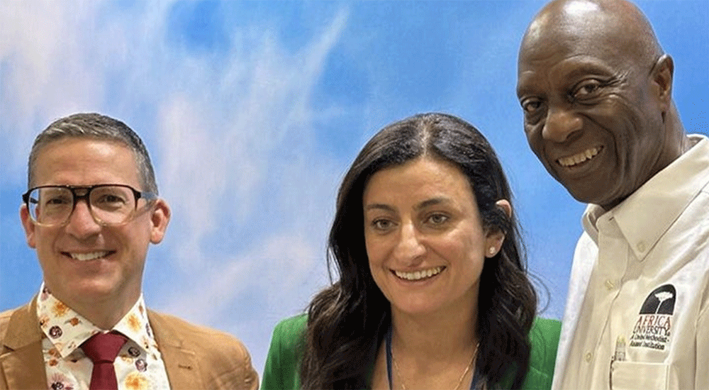 Wespath general secretary/CEO, Andrew Hendren (left), with Johara Farhadieh, Wespath chief investment officer, and James H. Salley, president/CEO, Africa University (Tennessee) Inc.