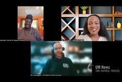 The Rev. Dr. Tori Butler (top right) speaks with Jalyn Betts (left), director of the Wesley Foundation of Langston University, and the Rev. Jacob Cogman, United Methodist chaplain at Howard University, about their experiences in campus ministry. Zoom screengrab courtesy of the Rev. Dr. Tori Butler via YouTube by UM News.