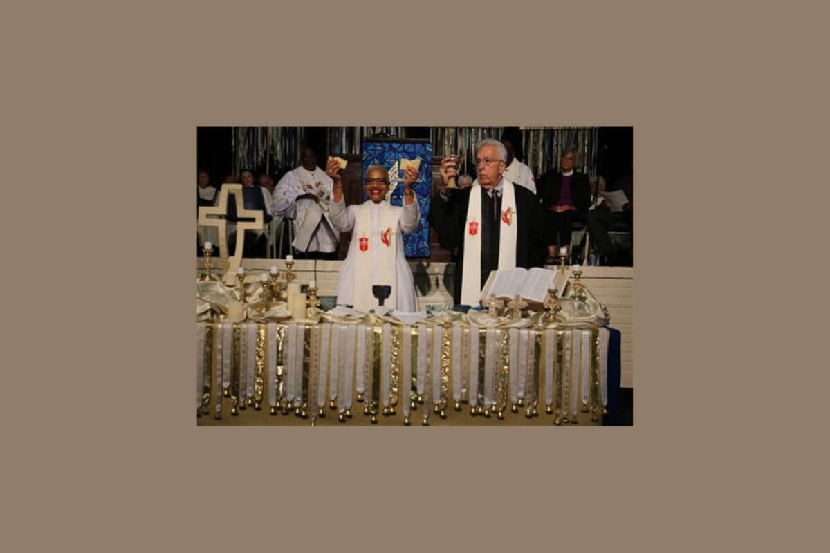 COB President Bishop Tracy S. Malone and COB President-Designate Bishop Ruben Saenz lead Holy Communion during the Service of Remembrance and Resurrection on November 3, 2024, at Epworth by the Sea on Simons Island, Georgia. (COB photo.)