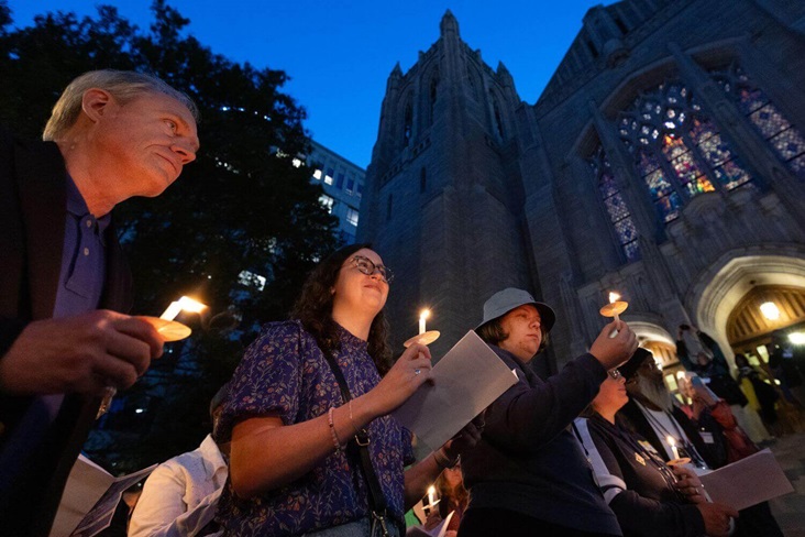 Climate activists hold a candlelight Vigil for Creation to mark Earth Day and to call the denomination to greater stewardship of creation. First United Methodist Church of Charlotte. Photo by Mike DuBose, UM News.