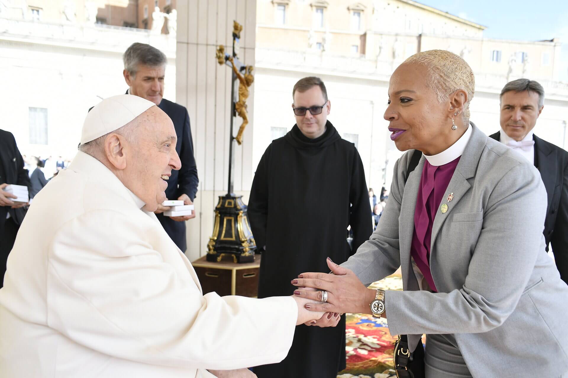 Bishop Tracy S. Malone pictured meeting Pope Francis during a 2024 study pilgrimage. (Photo by Vatican Media. All rights reserved. Image provided courtesy of the Council of Bishops.)