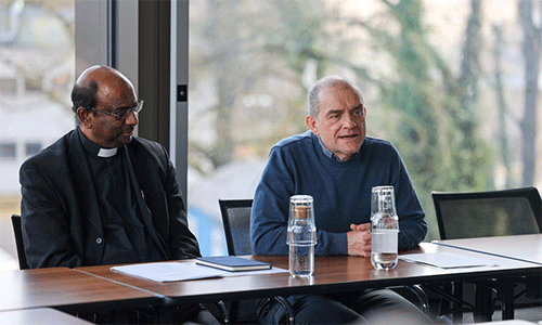 Brother Matthew, prior of the Taizé Community, as well as seven other Taizé brothers visited the World Council of Churches in Geneva, Switzerland. At the Ecumenical Centre, Taizé brothers participated in a morning prayer, and had a meeting with the WCC general secretary Rev. Prof. Dr Jerry Pillay and the staff of the WCC.   Photo:  Ivars Kupcis/WCC.