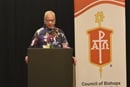 La présidente du Conseil des Évêque, Mgr Tracy S. Malone, prononce le discours présidentiel le lundi 28 avril 2025, lors de la réunion du Conseil des Évêques à Chicago. (Maidstone Mulenga/COB photo)