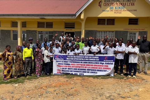 Members of Lokole United Methodist Mission in Kindu rejoice as they launch a new ministry dedicated to serving people who are hearing impaired. Photo by Chadrack Londe. Members of Lokole United Methodist Mission in Kindu rejoice as they launch a new ministry dedicated to serving people who are hearing impaired. Photo by Chadrack Londe.
