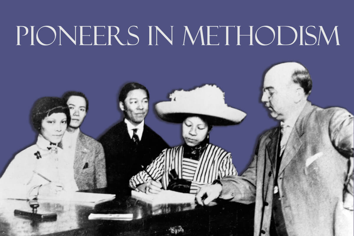 Clara Elizabeth Chan Lee (in hat) registering to vote on Nov. 8, 1911, together with Emma Tom Leung (left), while their husbands stand behind them. Clara was the daughter of Methodist pastor Chan Hon Fun, who served the Chinese Methodist Episcopal Church in Oakland, CA, 1900-1909. Photo by Oakland Tribune, Public Domain, courtesy of Wikimedia Commons; graphic by Laurens Glass, United Methodist Communications.