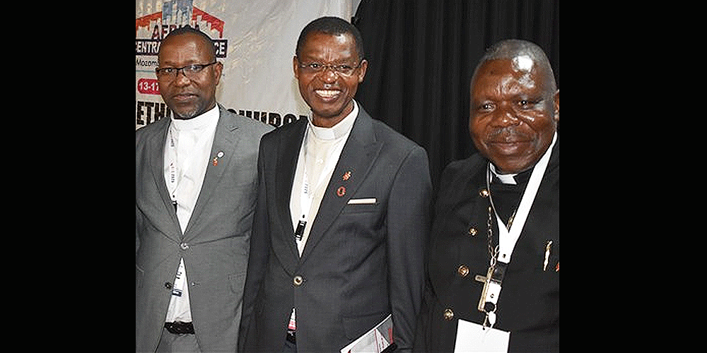 Africa University Alumni Bishops are from left:  Bishop João Sambo (AU, 2008) of Mozambique, Bishop Emmanuel Sinzohagera (AU, 2022) of Burundi and Bishop Moisés Jungo (AU, 2005) of Angola. Photo credit: Maidstone Mulenga