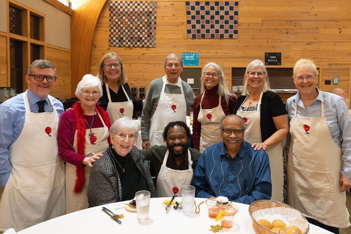 A joyful gathering of team and faculty at The Academy #42 closing banquet, a celebration of deep community, sacred learning and shared journey. Pictured are (back row, left to right): Johnny Sears, the Rev. Mary Earle, Pat Luna, the Rev. Dr. Don Saliers, Dr. Amy Oden, Kathy Norberg and the Rev. Beth Richardson; (front row): the Rev. Helen Pearson Smith, Derrick Scott III and the Rev. Dr. Luther Smith. Photo courtesy of Joscie Cutchens.