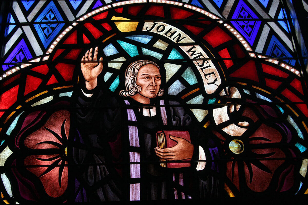 Photo of John Wesley stained glass by Ronny Perry, UMNS.