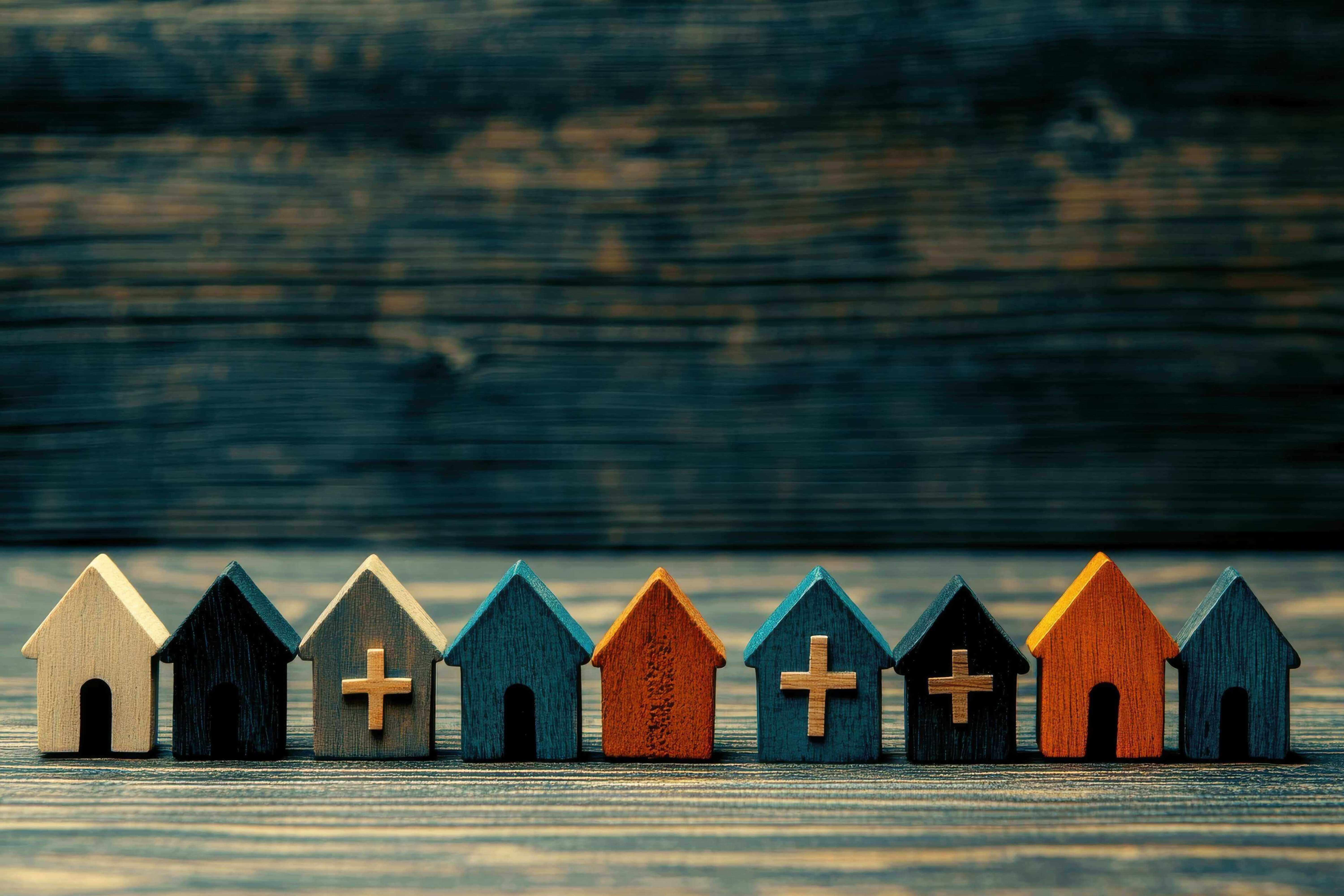 Art display of small wooden churches