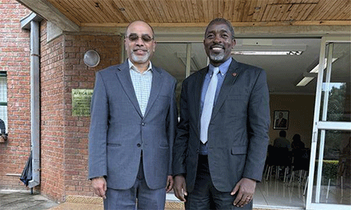 Roland Fernandes and Peter Mageto at Africa University. Courtesy photo.