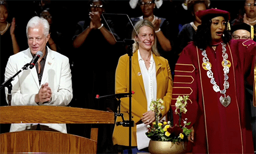 Ross Moody, from left, Elle Moody and HT President Melva K. Wallace during the announcement of a $150 million gift to Huston-Tillotson University during the university’s fall convocation on Thursday, Sept. 18, 2025, in Austin, Texas. (Video screen grab)