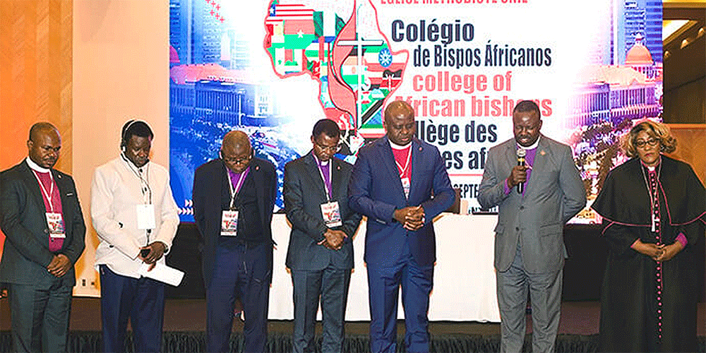 Bishops pray during the Africa Colleges of Bishops meeting in Luanda, Angola. Africa has 14 active bishops, nine of whom were elected to the episcopacy in the past year. Photo by Geraldo Martins, West Angola Conference.