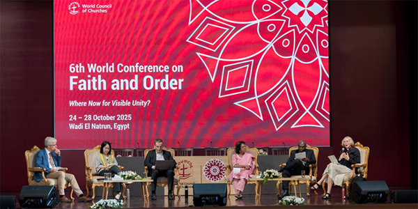 Wadi El Natrun, Egypt: Rev. Canon Dr Charlotte Methuen (Scottish Episcopal Church) speaks during a plenary on 'Living Visible Unity' underway at the World Council of Churches Sixth World Conference on Faith and Order taking place 24-28 October 2025 in Wadi El Natrun, Egypt, around the theme “Where now for visible unity?” Photo: Albin Hillert/WCC Wadi El Natrun, Egypt: Rev. Canon Dr Charlotte Methuen (Scottish Episcopal Church) speaks during a plenary on 'Living Visible Unity' underway at the World Council of Churches Sixth World Conference on Faith and Order taking place 24-28 October 2025 in Wadi El Natrun, Egypt, around the theme “Where now for visible unity?” Photo: Albin Hillert/WCC