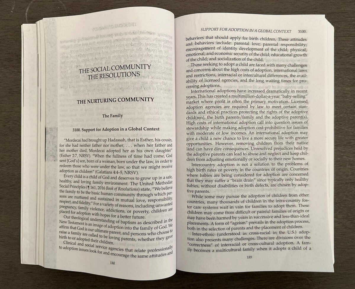 결의안집의 사회공동체 섹션에는 올해 총회에서 새롭게 채택된 22개의 결의안이 실려있으며, 이는 연합감리교인의 실생활과 밀접하게 관련된 사안들을 다루고 있다. 사진은 해당 섹션의 내용이 시작되는 188-189 페이지를 찍은 것이다. 사진, 김응선(Thomas E. Kim) 목사, 연합감리교뉴스.
