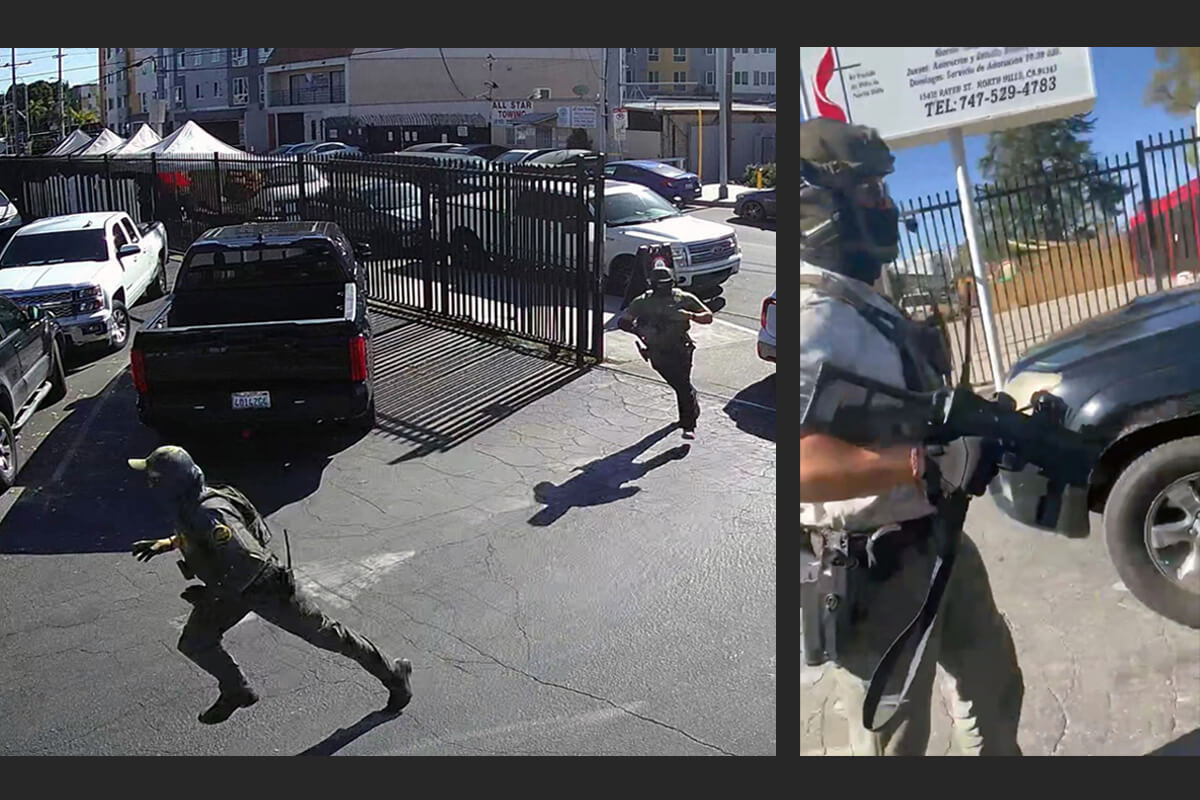 Des agents de l'ICE (Immigration and Customs Enforcement) poursuivent Carlos Chavez (non photographié), un membre d'origine mexicaine de la North Hills United Methodist Church Hispanic Mission à Los Angeles, le 29 janvier, dans l'enceinte de l'église. Chavez a été expulsé peu après. La descente de l'ICE a perturbé un programme alimentaire et le travail des mères et des enfants dans le jardin de l'église. Photo gracieusement fournie par la North Hills Hispanic Mission United Methodist Church. 