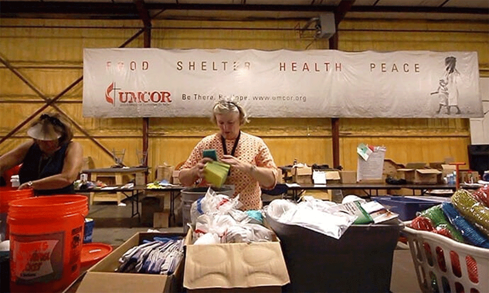Volunteers pack relief supply kits at the United Methodist Committee on Relief’s Sager Brown Depot in Baldwin, La. UMCOR announced that it will no longer operate the depot, starting January 2027, as it looks to modernize the way the relief agency manages materials and reduce costs. Photo courtesy of the Louisiana Conference.