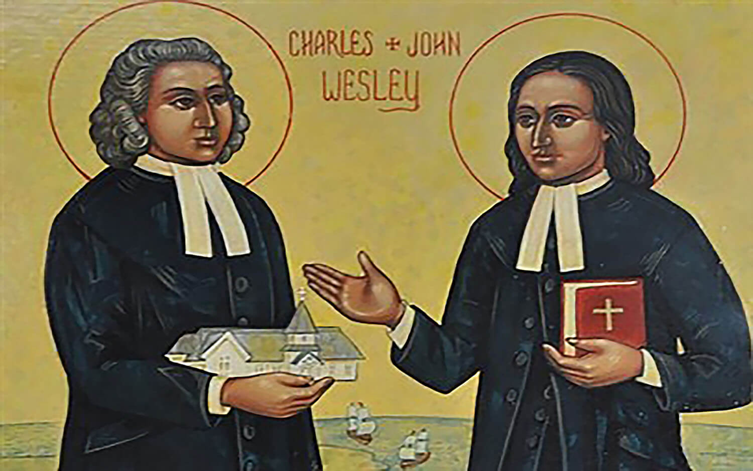Nombre de la obra: "Santos Carlos y Juan Wesley"; original de Robert Lentz. Cortesía del Concilio de Obispos/as de La Iglesia Metodista Unida.