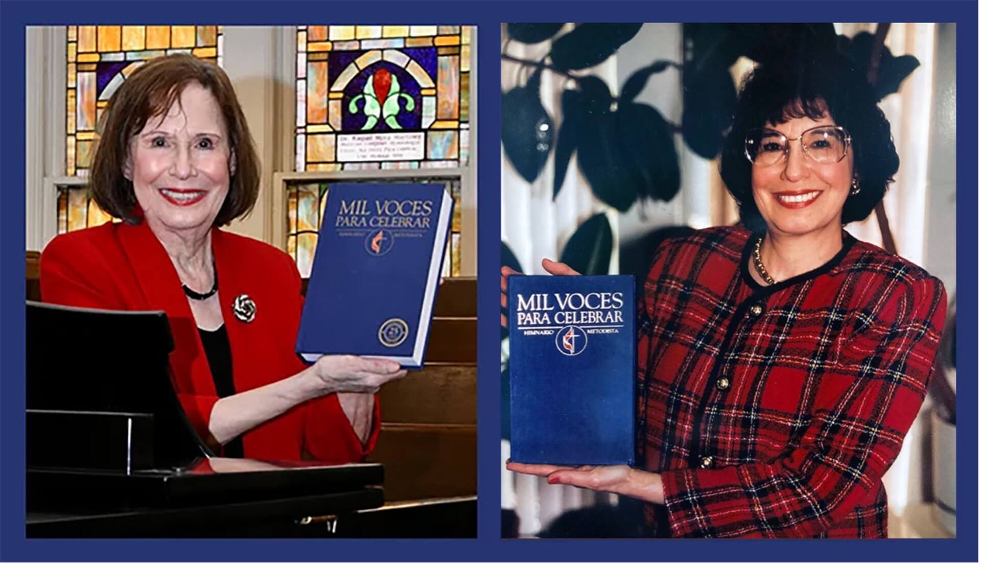 Dois momentos importantes no ministério de Raquel Martínez: à direita, momentos do lançamento do "Hinário de Mil Vozes" e, à esquerda, a celebração do 25º aniversário dessa obra musical e litúrgica. Foto cedida pela família Martínez. Composição fotográfica do Rev. Gustavo Vasquez, Notícias MU.