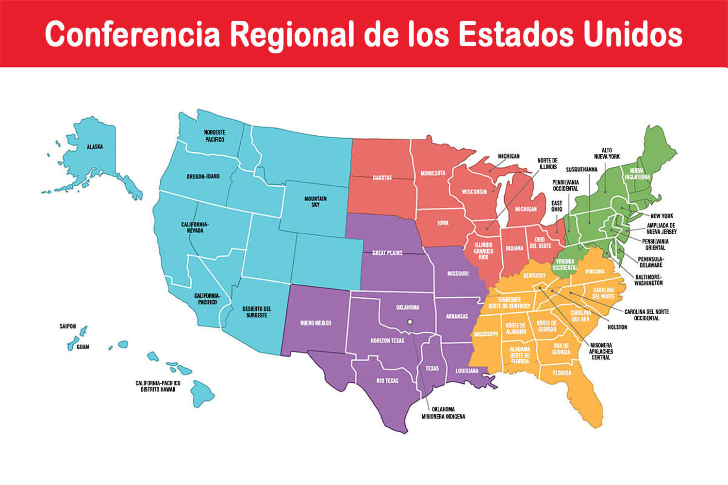 Las cinco jurisdicciones de los Estados Unidos, integrada cada una por múltiples conferencias anuales, se iniciaron en 1939. Si bien el proceso de regionalización mantiene vigentes las jurisdicciones actuales, un grupo de líderes metodistas unidos/as está evaluando proponer modificaciones a la Constitución de la denominación para permitir que cada conferencia regional, incluida la de los Estados Unidos, decida si desea mantener o no las jurisdicciones. Mapa extraído del Manual de La Iglesia Metodista Unida 2025-2028, cortesía de ResourceUMC. Version en español Rev. Gustavo Vasquez, Noticias MU.
