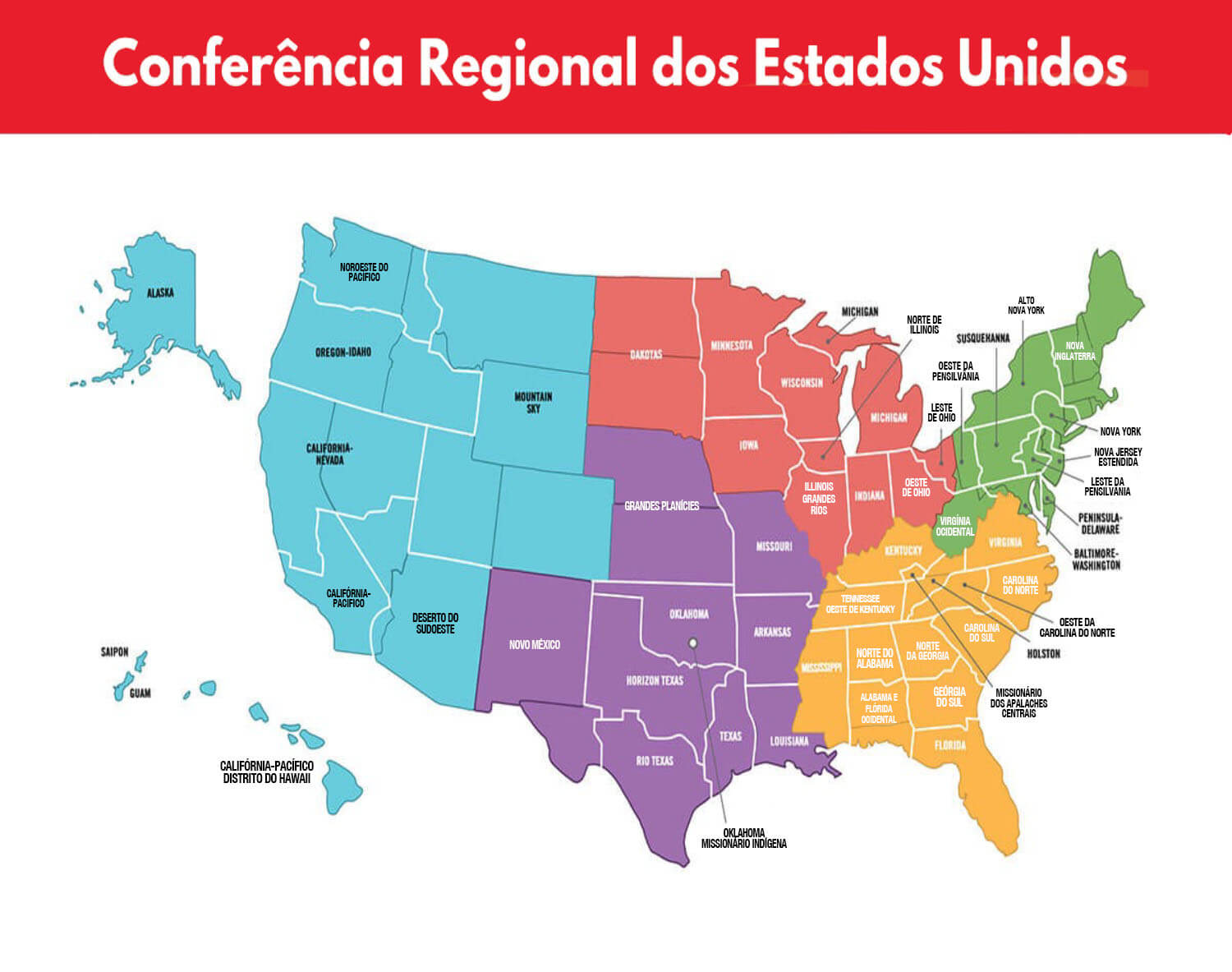 As cinco jurisdições dos Estados Unidos — cada uma composta por múltiplas conferências anuais — foram estabelecidas em 1939. Embora o processo de regionalização mantenha as jurisdições atuais, um grupo de líderes metodistas unidos está avaliando uma proposta para emendar a Constituição da denominação, a fim de permitir que cada conferência regional — incluindo a dos Estados Unidos — decida se mantém ou não as jurisdições. Mapa extraído do "Livro de Disciplina da Igreja Metodista Unida" de 2025–2028, cortesia da ResourceUMC. Versão em português pelo Rev. Gustavo Vasquez, Noticias MU.