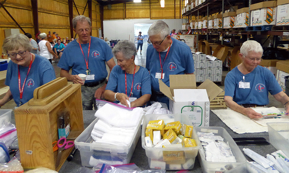 Members of First United Methodist Church of Oak Ridge assemble hygiene kits during a 2019 mission trip to Sager Brown Depot. From left to right: Cara Weigel, Steve Withrow, Joye Montgomery, Fred Montgomery, and Maxine Schultz. (File photo)