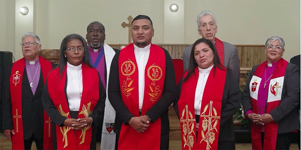Front row, newly ordained elders: the Rev. María Magdalena Zelaya Cruz, the Rev. Héctor Mauricio Laínez Rodríguez and the Rev. Juana Jamileth Moncada Torres. Second row: Bishops José Roberto Peña Nazario, Juan Miguel Simpson Bennett, Rubén Sáenz Jr. and Lizette Gabriel Montalvo. Photo: Gustavo Vásquez, UM News.
