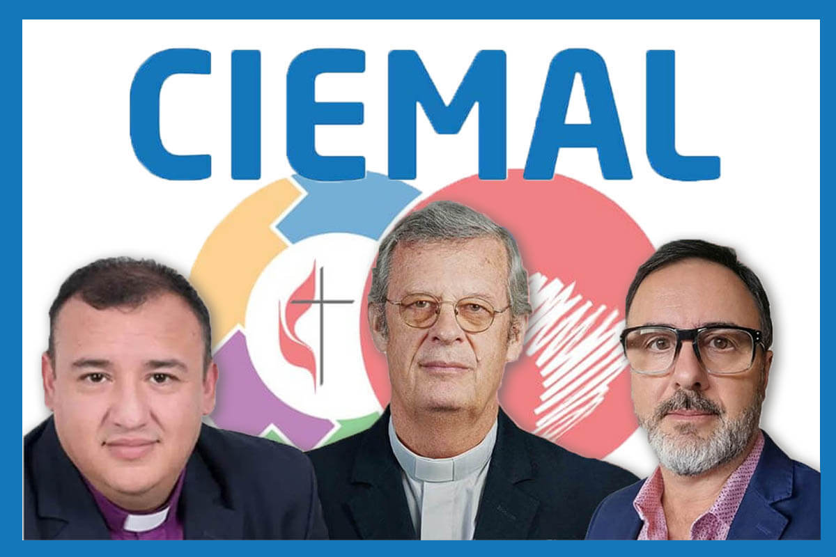 Los obispos líderes del Concilio de Iglesias Evangélicas Metodistas de America Latina y el Caribe (CIEMAL), Juan de Dios Peña (presidente) y Frank de Nully Brown (vicepresidente), junto a Horacio Mesones (secretario ejecutivo), hablan con Noticias MU sobre el impacto de los cambios en La Iglesia Metodista Unida sobre las iglesias autónomas de la región. Foto composición Rev. Gustavo Vasquez, Noticias MU.