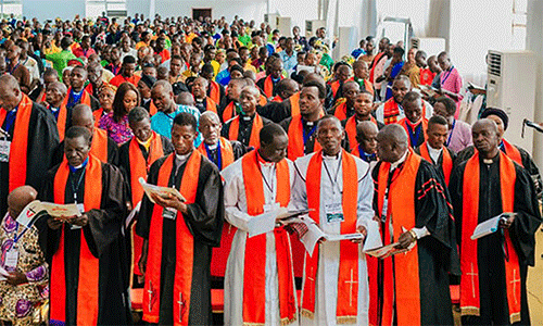 Clergy delegates participate in a historic joint conference session in December at the Jolly Nyame Stadium in Jalingo, Nigeria. The meeting brought together members of the five annual conferences in Nigeria, as well as representatives from the mission districts of Cameroon and Senegal and episcopal leaders from Liberia and Sierra Leone. Photo courtesy of UMCN Communications.