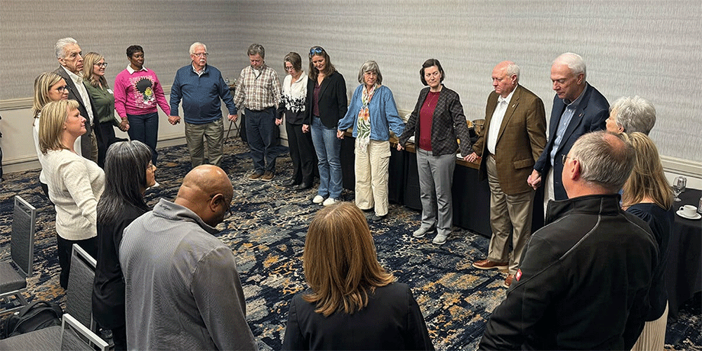 United Methodist leaders pray during a Feb. 27-28 summit in Nashville, Tenn., focused on the future of episcopal leadership. This week, the denomination’s Judicial Council will take up questions related to the allocation of U.S. bishops going forward. Photo by Andrew Jensen, General Council on Finance and Administration.