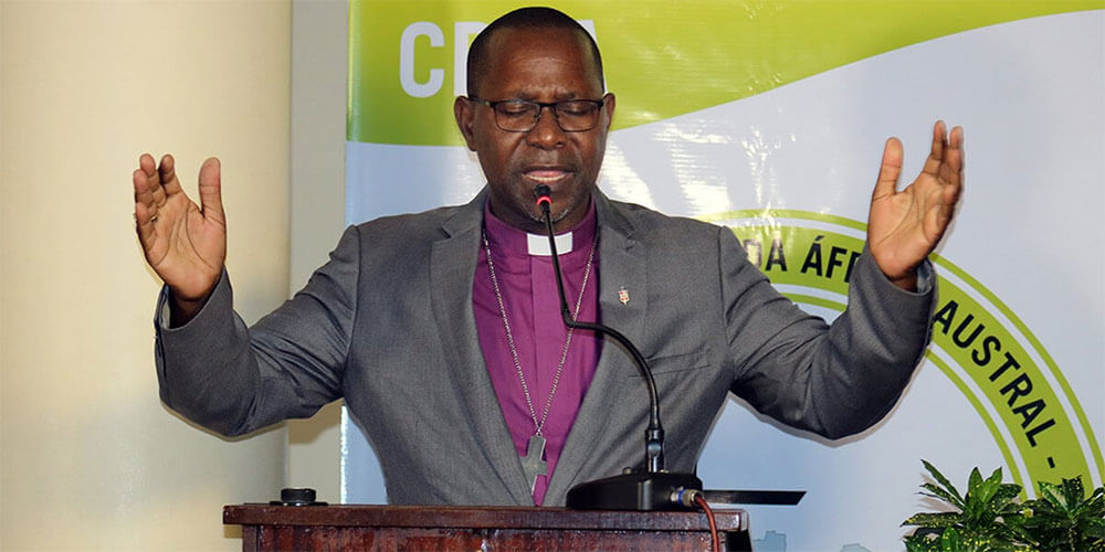 Bishop João Filimone Sambo prays during the Southern Africa Regional Conference’s strategic retreat held April 9-11 in Maputo, Mozambique. Sambo was the host bishop for the gathering. Delegates at the retreat crafted a roadmap for contextualized mission and ministry in Southern Africa. Photo by Roque Facela, UM News.