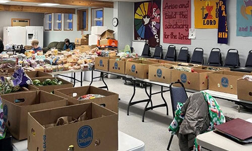 Ready to serve at North Star UMC in Nikiski, Alaska, on the Kenai peninsula. Church members open the pantry even at -28 degrees and in 8 foot of snow, but they have the food boxes ready when people come to get them. Photo: North Star UMC.